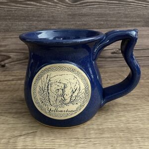 Yellowstone Art Pottery Mug Grizzly Bear Cobalt Blue Pot Belly Signed Stoneware